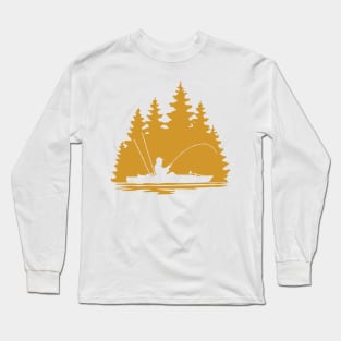 Kayak Fisherman Rural Lake Scene Silhouette Long Sleeve T-Shirt